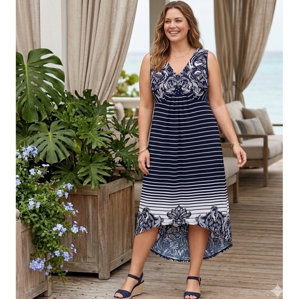 NWT CHICO'S Sleeveless Black & White Striped Stretch Hi- Low Midi Dress Size 2/L - Picture 2 of 6
